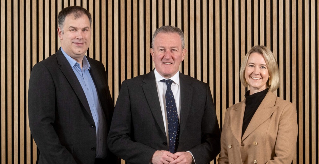 Pictured (L-R) are Brendan McGuigan, Director of Advanced Manufacturing and Engineering, Invest NI; Conor Murphy, Minister for the Economy; Caoimhe Keogan, Chief People Officer, AVEVA. 